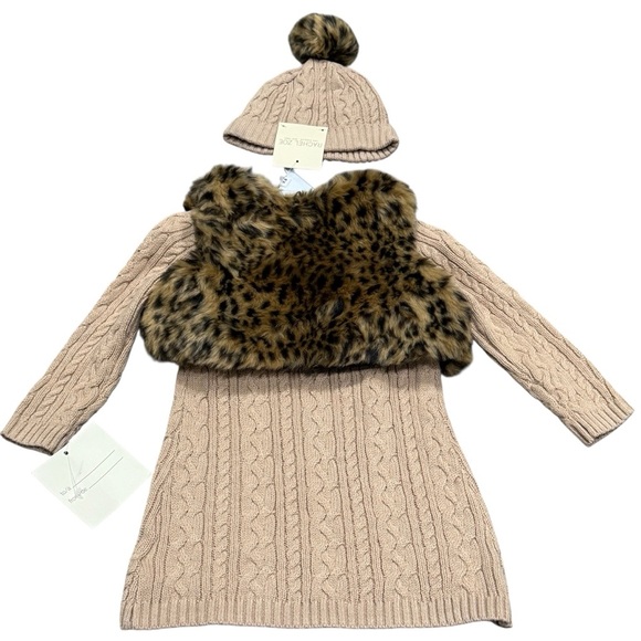 Rachel Zoe Baby 3 Piece Set 18 M Cable Knit Dress Leopard Print Vest Beanie Hat - Picture 4 of 11